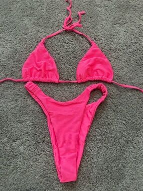 SHEIN Bright Hot Pink Ribbed Triangle Bikini Set